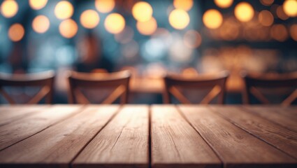 Aufkleber - Wooden table in the foreground against a defocused abstract backdrop