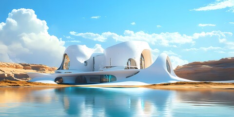 Aufkleber - 白の抽象的な建物が水面に反射し、砂漠の風景を背景にしたモダンな建築デザインと未来的なスタイルのある風景