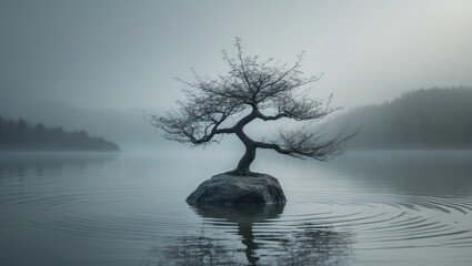 Poster - Bonsai Tree Centered by Fairy Lake in a Natural Setting