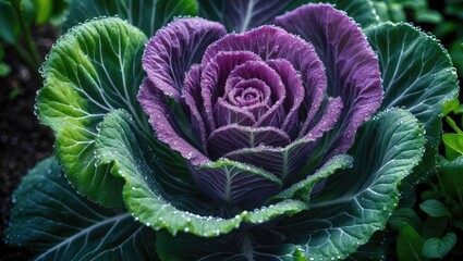 Poster - Garden scene featuring a blooming ornamental cabbage with colorful foliage