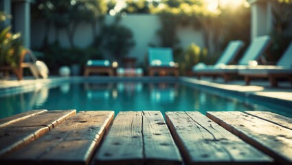 Poster - Summer Hotel Pool Table with Blurred Backdrop