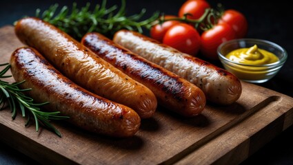 Poster - Juicy fried chicken, beef, and pork sausages are arranged on a wooden board with a black background