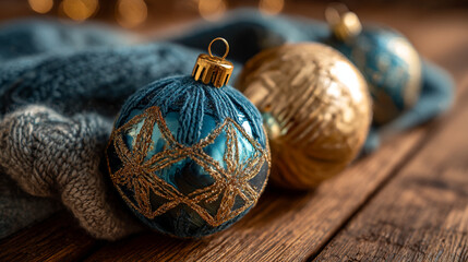Poster - Christmas ornaments on wood table background for holiday season decoration and celebration concept