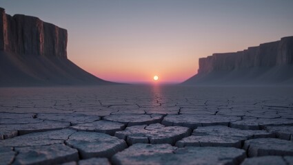 Poster - Sun setting behind a desolate landscape, where the cracked earth in the foreground reveals the unforgiving conditions