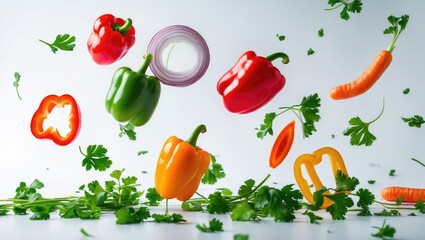 Poster - Vegetable slices of parsley, bell pepper, onion, and carrot falling on a clean background