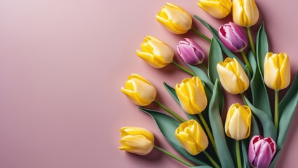 Poster - Flat lay of yellow and purple tulips highlighting summer flower aesthetics