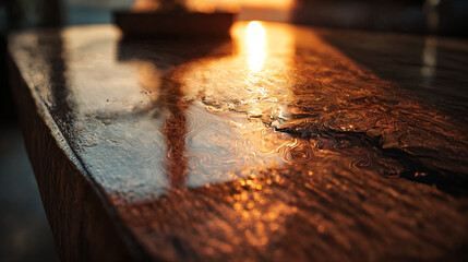 Poster - Close up of a wet wooden table top with light reflecting off the surface for furniture design ideas