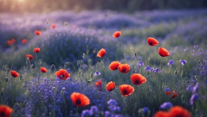 Poster - Spring landscape with purple wildflowers and red poppies in a blooming meadow, highlighting ecological harmony.