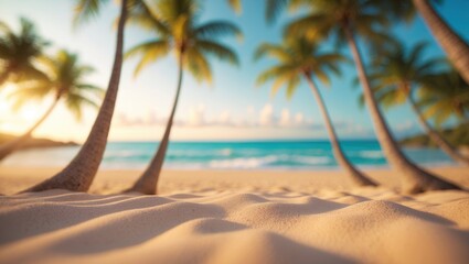 Aufkleber - Summer sunset over a tropical beach featuring blurred palm trees and golden sand.
