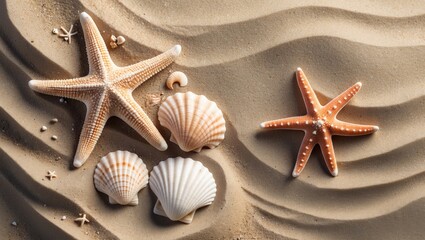 Aufkleber - Sandy beach flat lay featuring starfishes and shells, suitable for vacation-themed webpage banners