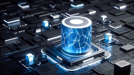 Poster - 青い光を放つ中央プロセッサと黒の回路基板のクローズアップ 未来的なハイテクコンセプトを示す高度なコンピューティングテクノロジー