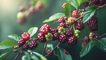 Aufkleber - Close-up of juicy blackberries on a mulberry bush during summer harvest