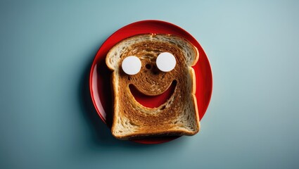 Aufkleber - Plate featuring bread toast with happy face, top view with background