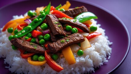 Poster - Asian food - baked meat served with vegetables and rice