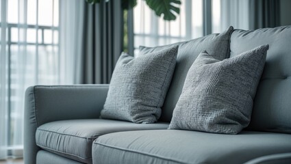 Aufkleber - Comfortable light grey couch in a bright, modern living space with elegant furniture for home and hotel environments.