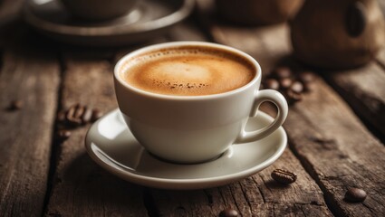 Poster - Black americano coffee in a cup and plate set on an isolated wooden table with a natural cafe background