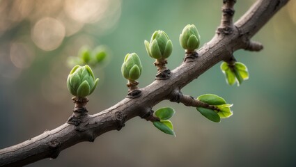 Poster - Detailed view of walnut tree sprig with green buds and fresh leaves in springtime