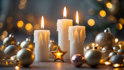 Poster - Golden Candles Scene with Baubles and Ribbons - Mystical Night Sparkled with Lights
