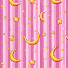 Poster - Repeating pattern of gold moons and stars on pink stripes.