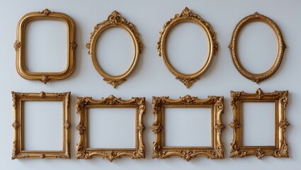 Poster - Group of four old-fashioned ornate square frames featuring baroque design and gold detailing against white background