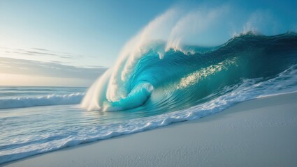 Poster - Large turquoise waves with white splash isolated against a white backdrop