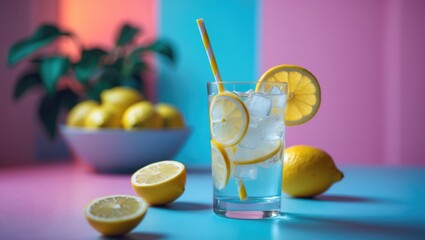 Aufkleber - Cold lemon drink in a glass set against a colorful food and summer-themed backdrop