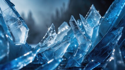 Poster - Abstract blue ice with surface cracks in a winter scenery background
