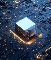 Poster - オレンジ色の光で照らされた青色の電子回路基板のクローズアップ 未来的な技術と複雑なパターンを示す抽象的なハイテクデザイン