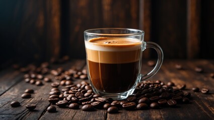 Poster - Espresso shot with roasted coffee beans on table