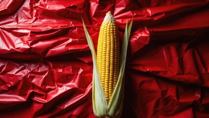 Aufkleber - Vivid yellow corn cob placed on a textured red foil surface, perfect for agricultural concepts or wellness eating