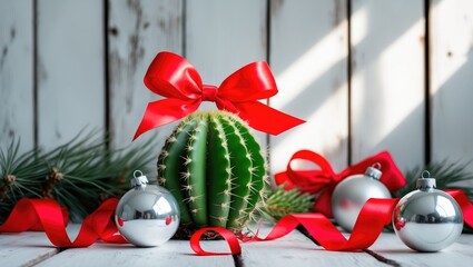 Aufkleber - Creative Christmas scene with a succulent cactus, red ribbon, silver decoration, and festive elements on a white backdrop