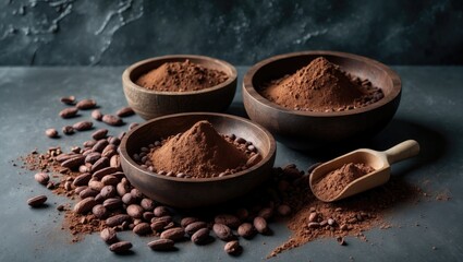 Poster - Chocolate beans and powdered cocoa in bowls set against a black surface