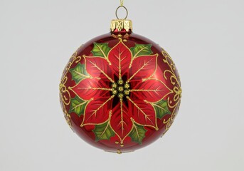 Wall Mural - Red christmas ornament with poinsettia design hanging against a plain background