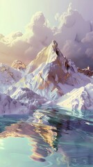 Aufkleber - ピクセルアートの雪山と湖の風景 穏やかな水面反射とパステルカラーの空