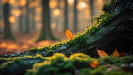 Aufkleber - Autumn Forest Landscape Featuring Overgrown Tree Trunk Close-Up for Design Templates and Copy Space Banner