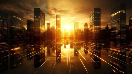 Aufkleber - 黄金色のライトで輝く高層ビル群の夜景 都市景観シルエット ビジネスと未来的なデザイン