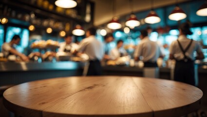 Poster - Blank wood table top featuring blurred backdrop, suitable for product display montage with selective focus
