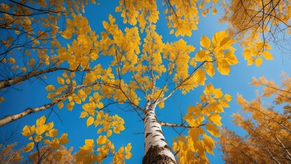 Aufkleber - Majestic Birch Tree with Golden Leaves and White Bark Under Clear Blue Autumn Sky