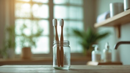 Poster - Wooden table with toothbrushes in holder and out-of-focus background