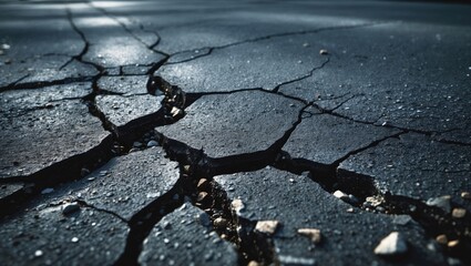 Aufkleber - Weathered road surface featuring cracks, damage, and abstract patterns emphasizing aging and decay