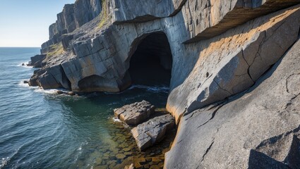 Aufkleber - Cracked and weathered basalt rock formation with cave entrance above the sea under bright sunlight