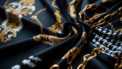Aufkleber - Design a contemporary, high-end fabric featuring intricate chain and houndstooth patterns with bold, glossy textures and flowing, layered details.