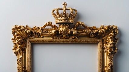 Poster - Old-fashioned ornate golden frame with crown in isolation on background