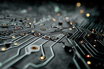 Fototapete - Close up view of circuit board with fine details and illuminated elements