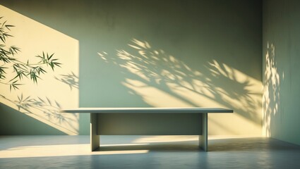 Poster - Green Wall Studio Scene with Light, Bamboo Leaf Shadows, Concrete Texture Room with Sunlight Effect on Table for Product Presentation