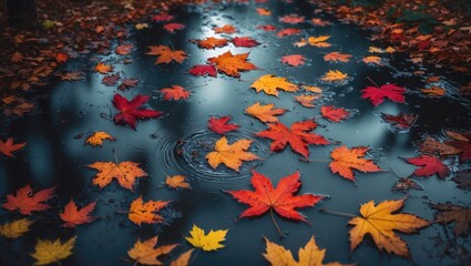 Poster - fall foliage floating on rainy puddle surface