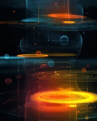 Fototapete - Abstract digital art with vibrant orbs and energetic circles in dark background