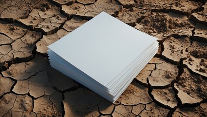Poster - Empty paper pages for business brochure against desert drought background, top view. Mockup