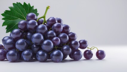 Poster - Wet blue grape bunch with green foliage isolated on white background