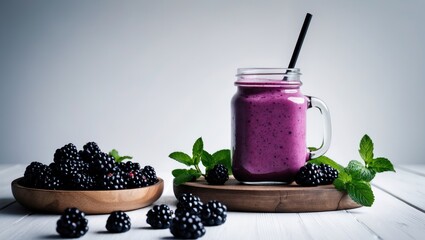 Aufkleber - Fresh blackberry and mint smoothie in a mason jar with straw, displayed alongside ripe berries and mint leaves